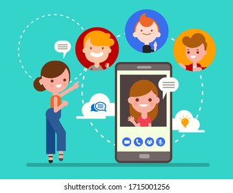 Group of friends chatting online by video call app with smartphone. Social media technology concept illustration. Flat design style cartoon character.