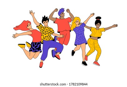 Un grupo de amigos y colegas saltan al aire con felicidad. Ilustración vectorial de caracteres de personas sanas y exitosas