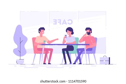 A Group Of Friends Or Colleagues Talking In A Cafe. Flat Vector Illustration.
