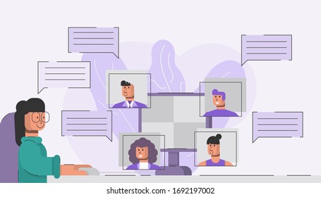 Gruppe von Freunden oder Kollegen, die Videokonferenztechnik auf dem PC nutzen. Konzept für die Arbeit zu Hause oder Video-Call-Anwendung.