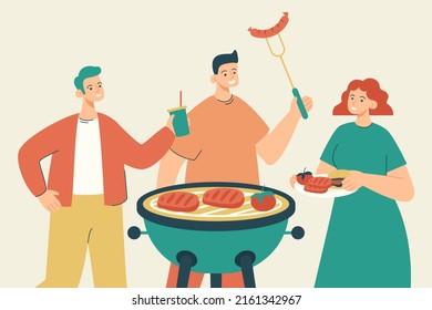 Grupo de amigos cocinando barbacoa divirtiéndose. Fiesta de picnic con pescado y salchichas de humo caliente. Parrilla barbacoa y concepto de ocio de verano. Ilustración vectorial plana moderna