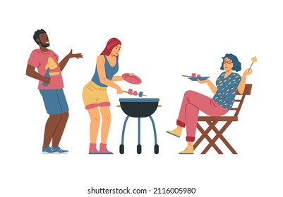 Group of friends cooking on barbecue or grill, flat vector illustration isolated on white background. Man and women laughing during summer vacation activity.