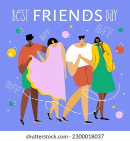The group of friends, couple teenagers and phrase BEST FRIENDS DAY, BFF. They are fun and celebration FRIENDSHIP DAY. The vector illustration good for post card, poster, web site or UI UX design.