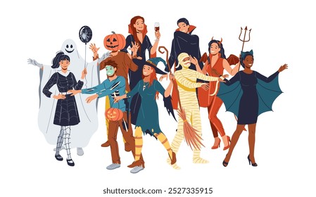 Group of friends dances in funny scary Halloween costumes flat color vector illustration. Monsters and evil creatures cartoon characters on white