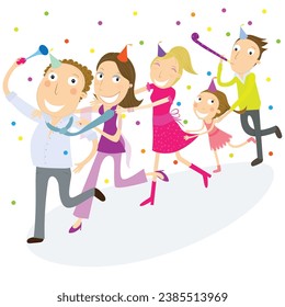 Group of friends dancing conga line celebrating new year or other party. vector Illustration  