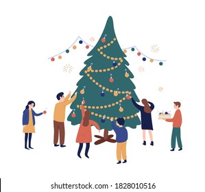 Group of friends decorating Christmas tree together vector flat illustration. Happy men and women hanging toys and garland on fir isolated on white. People during Xmas or New Year holiday preparation