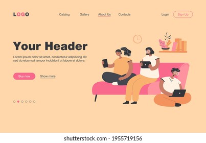 Group of friends with digital devices meeting at home, sitting together. People using laptops, tablet, mobile phone for internet and social media browsing, For communication, public access concept