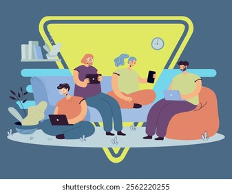 Group of friends with digital devices meeting at home, sitting together. People using laptops, tablet, mobile phone for internet and social media browsing, For communication, public access concept