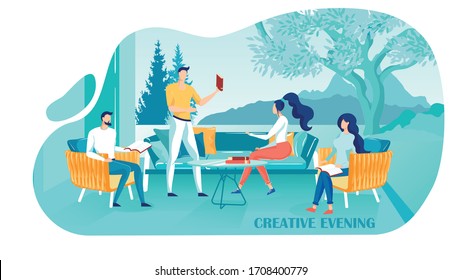 Group Friends are Discussing Book Creative Evening. Young People are Sitting on Terrace near House, around Thick Trees and Mountain. One Couple Sits on Soft Sofa, and other on Cute Armchairs.