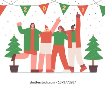 Group of friends draped an arm around together’s shoulders and enjoy with Christmas party celebration. Officer team happy in the new year celebration.