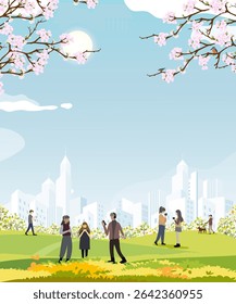 Group of Friends drink coffee, enjoy talking in Spring garden, flower field with Cherry blossom  building background,People relaxing in city nature park,Concept cozy atmosphere, outdoor lifestyle 
