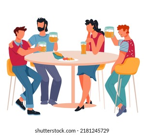 Group of friends drinking alcohol and talking in cafe or bar. Clients drink beer and alcohol drinks in bar or pub, flat vector illustration isolated on white.