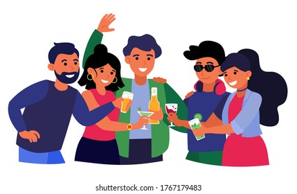 Group of friends drinking alcoholic beverages. Happy men and women toasting beer, wine and cocktails. Vector illustration for alcohol, party, celebration, cheers, friendship concept