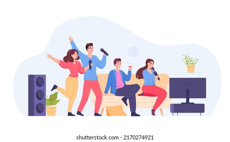 Group of friends drinking and singing karaoke at home. Young people or students sitting in front of TV flat vector illustration. Communication, entertainment, leisure concept for banner, landing page