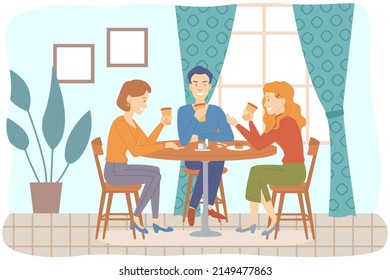 Gruppe von Freunden, die Tee oder Kaffee trinken und reden. Die Leute verbringen Zeit zusammen im Café oder Restaurant. Cartoon Figuren entspannen und kommunizieren in der Cafeteria. Freundschaft und gemeinsames Freizeitkonzept