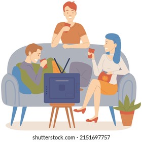 Group of friends drinking tea or coffee and talking. People spend time at home together sitting on couch. Cartoon characters relax and communicate in apartment. Friendship and joint pastime concept