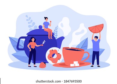 Group of friends drinking tea together. Tiny people gathering at pot and cup with hot drink, dessert, holding lemon slice. Vector illustration for tea party, winter hot drink, leisure concept