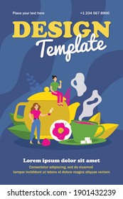 Group of friends drinking tea together. Tiny people gathering at pot and cup with hot drink, dessert, holding lemon slice. Vector illustration for tea party, winter hot drink, leisure concept