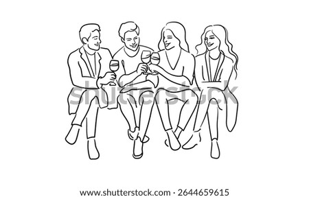 Group of friends drinking wine, continuous line art drawing isolated on white background. Vector illustration	