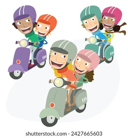 Grupo de amigos conduciendo scooters. Ilustración vectorial.