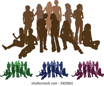 A group of friends each is a complete silhouette on separate layer in the vector files (those hugging are an individual set). Vector file includes several different colour versions