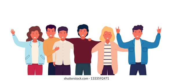 Group of friends embrace and stand together, group shooting, photo for memory. Company of happy teenage students, boys and girls.
