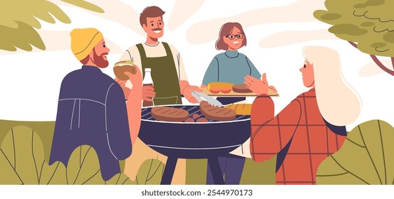 Group Of Friends Enjoying Barbecue In A Beautiful Outdoor Setting, Characters Smiling And Engaging In Friendly Conversation Amidst Nature, Creating Warm And Relaxed Atmosphere Of Togetherness And Joy