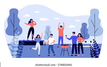 Group of friends enjoying barbecue party outdoors. Dancing people, singing on stage, wine flat vector illustration. Celebration, festival, event concept for banner, website design or landing web page