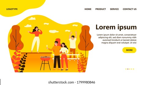 Group of friends enjoying barbecue party outdoors. Dancing people, singing on stage, wine flat vector illustration. Celebration, festival, event concept for banner, website design or landing web page