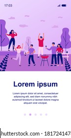 Group of friends enjoying barbecue party outdoors. Dancing people, singing on stage, wine flat vector illustration. Celebration, festival, event concept for banner, website design or landing web page
