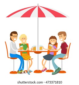 Group of friends enjoying a beer at pub, cafe or restaurant, drinking and laughing. They are two girls and two boys. Vector illustration