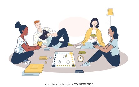 Group of friends enjoying a board game on the floor, surrounded by cards and game pieces, in a cozy setting. Minimalist design on a white background. Vector illustration