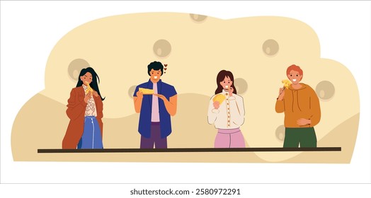 Group of friends enjoying cheese snacks, savoring different delicacies. Diverse individuals tasting gourmet treats highlighting the joy of food and companionship. Cartoon People Vector Illustration 