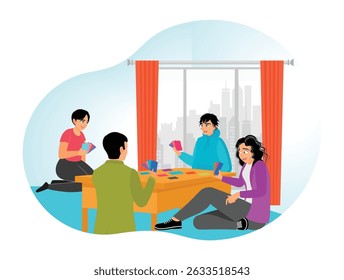 Group of friends enjoying a fun card game in a cozy living room with a view of the city skyline during the day. Men and women playing game concept.