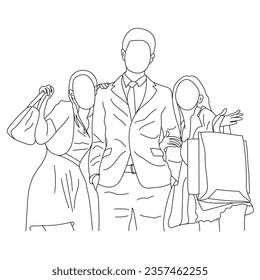 Group of friends enjoying the shopping together Line art isolated on a white background.
