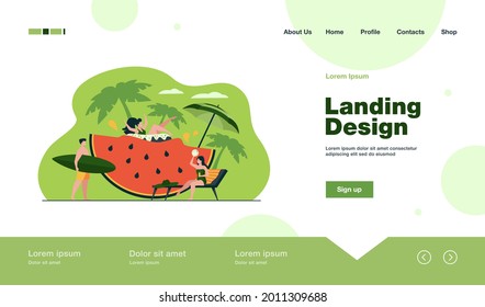 Group of friends enjoying summer activities, having fun at beach or pool party, drinking cocktail, floating with rubber ring on huge watermelon slice. Vacation, travel, leisure concept.