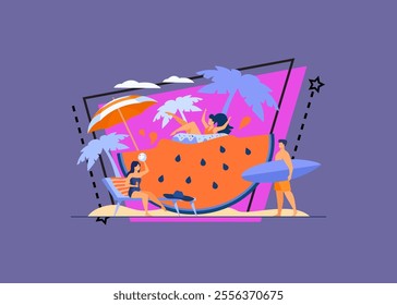 Group of friends enjoying summer activities, having fun at beach or pool party, drinking cocktail, floating with rubber ring on huge watermelon slice. Vacation, travel, leisure concept.