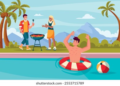 A group of friends enjoying a summer barbecue by the pool. One person is grilling food, another is standing nearby, and a third person is in the pool with a float and beach ball.