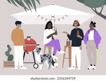 A group of friends enjoys a lively BBQ party, grilling tasty food and drinking beers while seated under an umbrella, Laughter fills the air as they share drinks and good times alongside a playful dog.