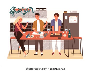 Group of friends or family members cooking dinner and drink wine together vector flat illustration. Happy male and female characters communicate in kitchen while preparing food isolated on white