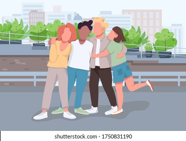 Group of friends flat color vector illustration. People hug and stand together. Student friendship and unity. Multi racial community 2D cartoon characters with landscape on background