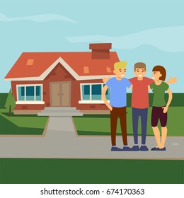 Group of friends in front of a house, flat illustration