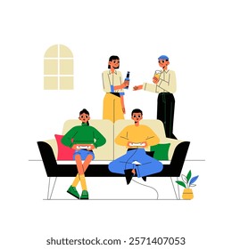Group Of Friends Gaming And Chatting In Flat Vector Illustration Symbolizing Friendship, Leisure, And Modern Entertainment, Isolated On White Background.