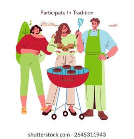 Group of friends gathered around a barbecue grill, cooking burgers and sharing smiles in this vibrant vector illustration. A scene of togetherness and celebration.