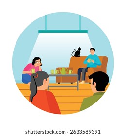 A group of friends is gathering in a cozy room, enjoying tea and friendly conversation. The scene is inviting, warm, and filled with a sense of comfort and companionship. Talking concept.