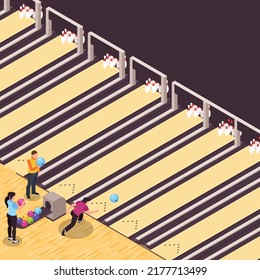 Group of friends go bowling isometric 3d vector illustration concept for banner, website, illustration, landing page, flyer, etc.