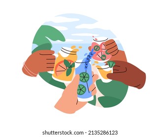 Grupo de amigos animando con cócteles y celebrando las vacaciones, felicitando. Diversos brazos sostienen gafas para los congratos en la naturaleza. Ilustración vectorial gráfica plana aislada en fondo blanco