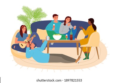 Group Of Friends Hanging Out At Home Talking, Playing Music, Drinking Wine, Eating Chips.