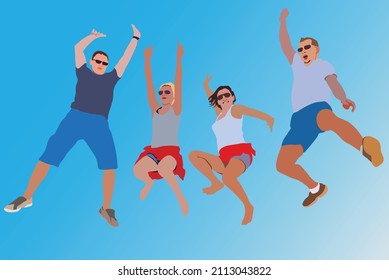 group of friends happy jumping in the air with blue sky. Spending time outdoor on sunny day