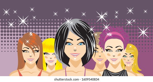 Group of friends have fun at the disco at night. Six beautiful women party at night. Conceptual illustration about entertainment and empowered women. Vector illustration in EPS 10.